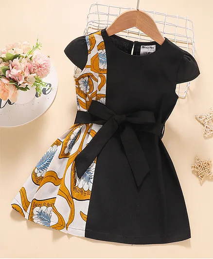 Kookie Kids Cap Sleeves Frock Floral Print - Black