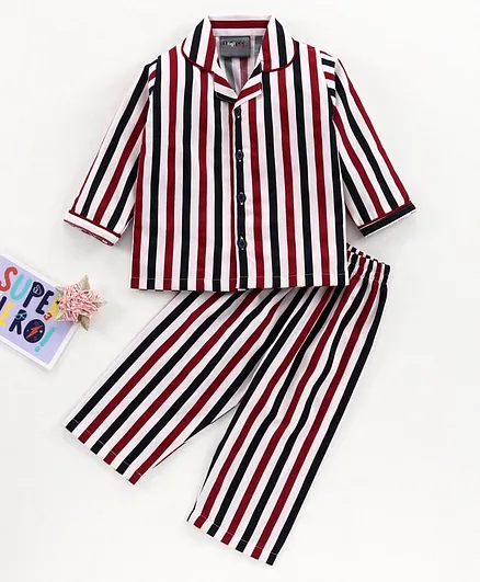 Dapper Dudes Full Sleeves Striped Night Suit - Red
