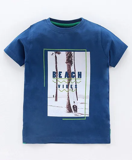 Pine Kids Half Sleeves 100% Cotton Biowashed Tee Beach Print - Blue