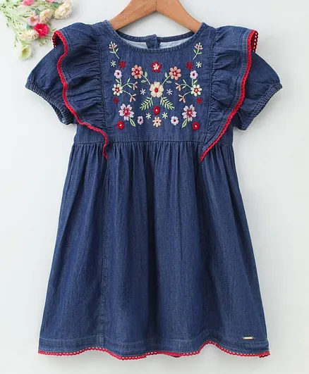 Babyoye Cotton Puff Sleeves Frock With Bloomer Floral Embroidery - Blue