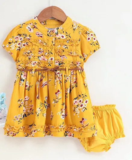 Babyoye Cotton Short Sleeves Frock With Bloomer Floral Print - Yellow