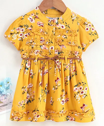 Babyoye Cotton Short Sleeves Frock With Bloomer Floral Print - Yellow