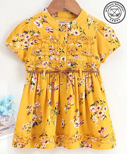 Babyoye Cotton Short Sleeves Frock Floral Print - Yellow