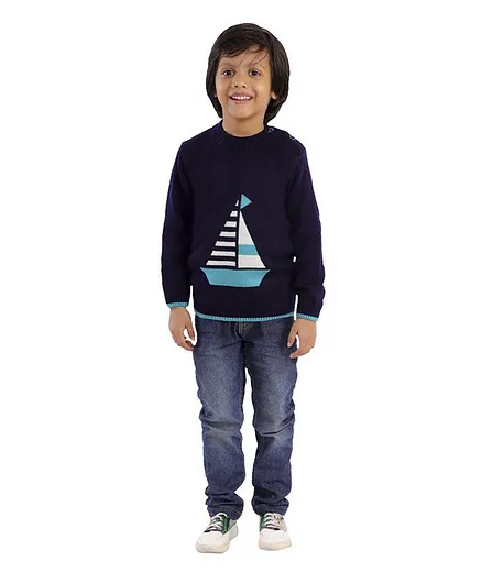 The Mom Store Sailor Boat Design Full Sleeves Sweater - Navy