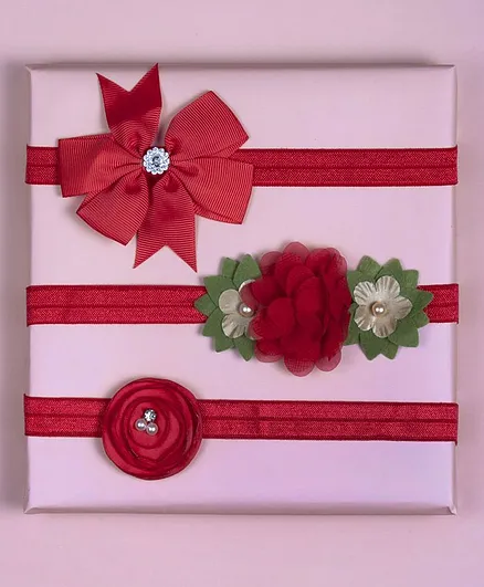 Arendelle Set Of 3 Flowers & Bow Detailed Headbands - Red