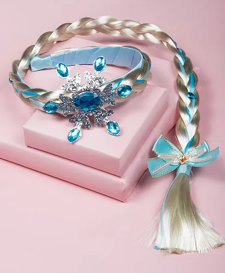 Arendelle Princess Headband With Snow Flake Charm & Long Plait Extensions - Blue