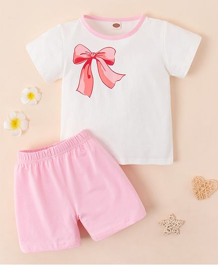 Kookie Kids Half Sleeves Nightwear Bow Print - White