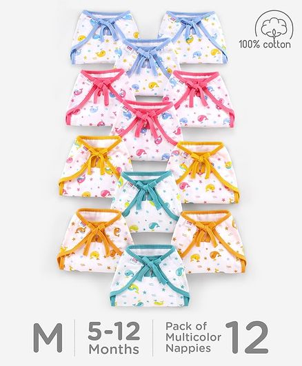 Babyhug U Shape Reusable Printed Muslin Cotton Nappy Set Medium Whale Print Pack Of 12 - Multicolor