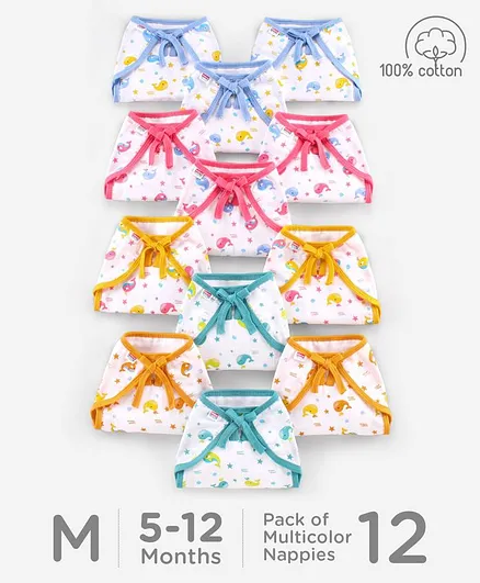 Babyhug Muslin Cloth Nappy Set of 12 Medium - Multicolor Whale Print