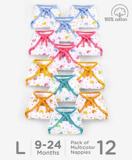 Babyhug Muslin Cloth Nappy Set of 12 Large - Multicolor Whale Print