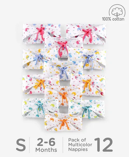 Babyhug Muslin Cotton Reusable Triangle Printed Cloth Nappies Small Set of 12 - Multicolor