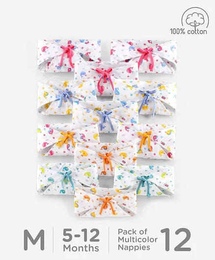 Babyhug Muslin Cotton Reusable Triangle Printed Cloth Nappies Small Set of 12 - Multicolor