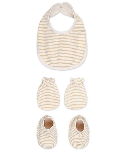 Rabbit Pocket Pack Of 3 Striped Set Bib Mittens, & Booties - Beige