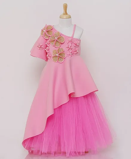 TINY MINY MEE Ruffle Half Sleeves Flower Applique Gown - Pink