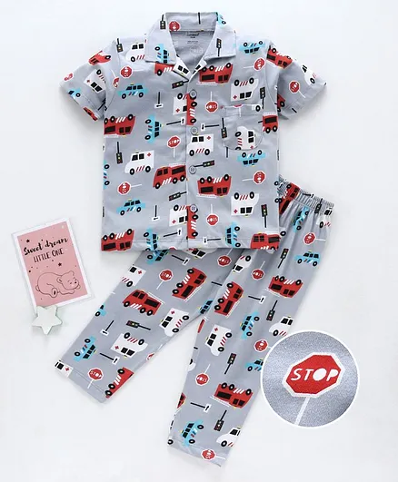 Cucumber Half Sleeves Night Suit Vehicle Print - Grey