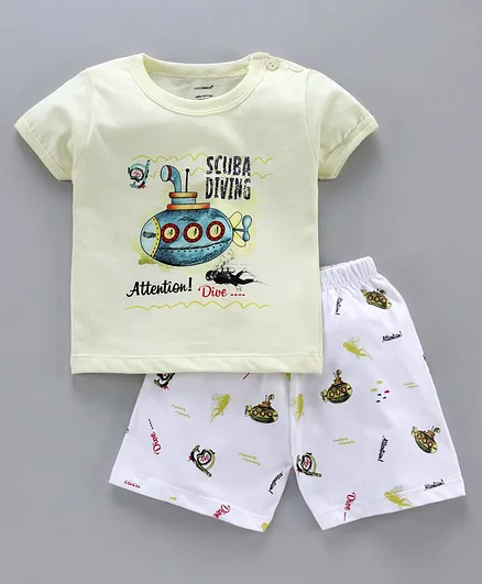 Cucumber Half Sleeves Tee and Shorts Set Submarine Print - Light Yellow