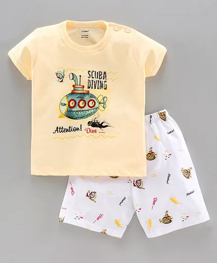 Cucumber Half Sleeves Tee and Shorts Set Submarine Print - Yellow