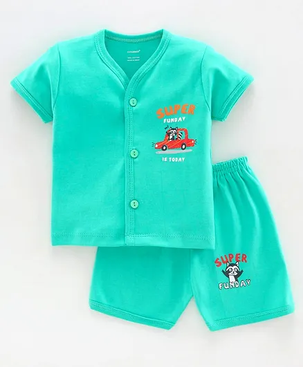 Cucumber Half Sleeves Night Suit Car Print - Aqua Blue