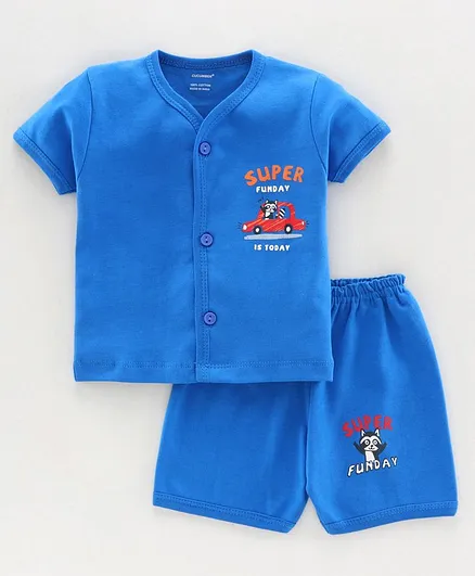 Cucumber Half Sleeves Night Suit Car Print - Blue