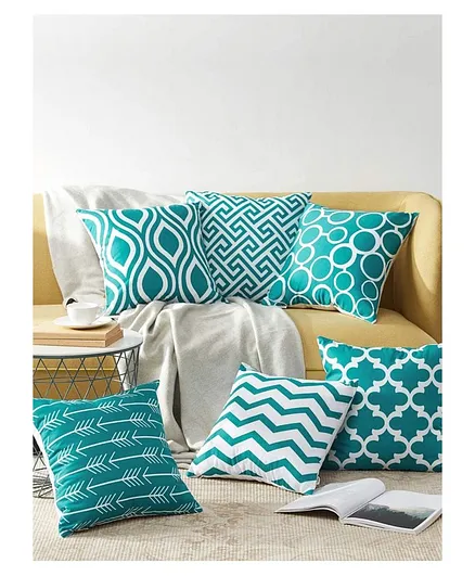Elementary Premium Cotton Geometric Theme Cushion Covers Pack of 6 - Aqua Blue