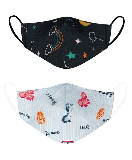 VEA Adults 3 Ply Cotton Face Masks Checks & Peacock Pattern Pack of 2 - Red Navy Blue