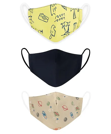 VEA Kids 5 Layered Cotton Face Masks Multi Printed Pack of 3 - Multicolour