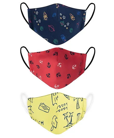 VEA Kids 5 Layered Cotton Face Masks Multi Printed Pack of 3 - Multicolour