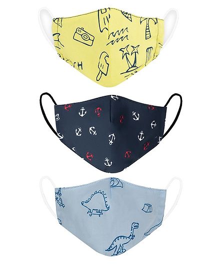 VEA Kids 5 Layered Cotton Face Masks Multi Printed Pack of 3 - Multicolour