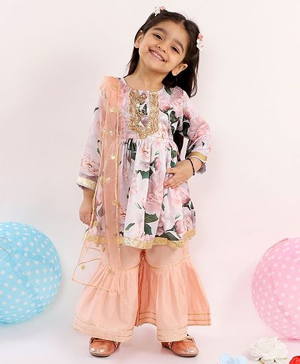 Little Bansi Full Sleeves Floral Print Kurta With Sharara & Dupatta - Peach