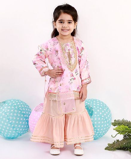 Little Bansi Full Sleeves Floral Print Kurta With Sharara & Dupatta - Pink