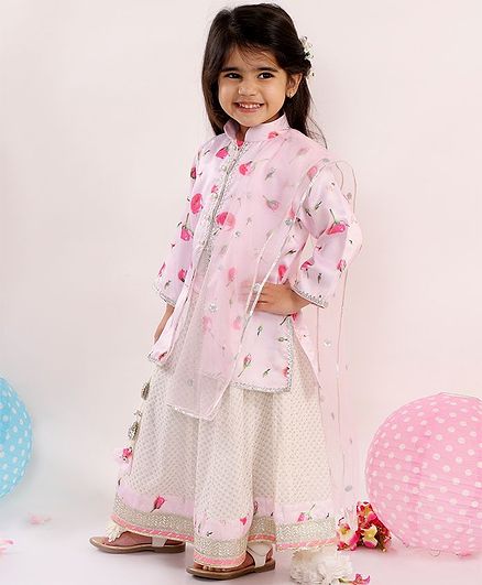 Little Bansi Full Sleeves Floral Print Kurta With Lehenga & Dupatta - Baby Pink & White