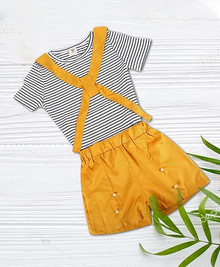 PASSION PETALS Short Sleeves Striped Top With Shorts & Suspenders - Yellow