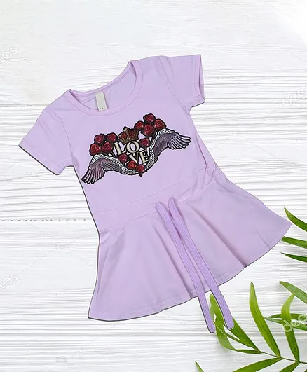 PASSION PETALS Short Sleeves Love Embroidered Skater Style Draw Cord Dress - Purple