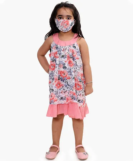 Little Pockets Store Sleeveless Floral Print Dress With Face Mask - Pink