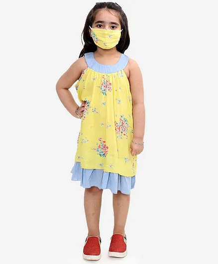 Little Pockets Store Sleeveless Floral Print Dress With Face Mask - Yellow