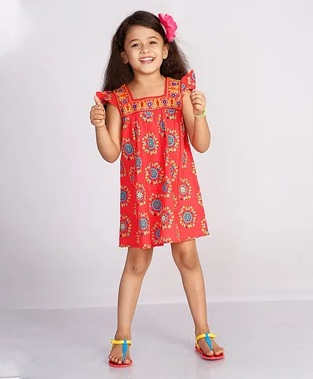 Little Pockets Store Cap Sleeves Floral Print Dress - Red