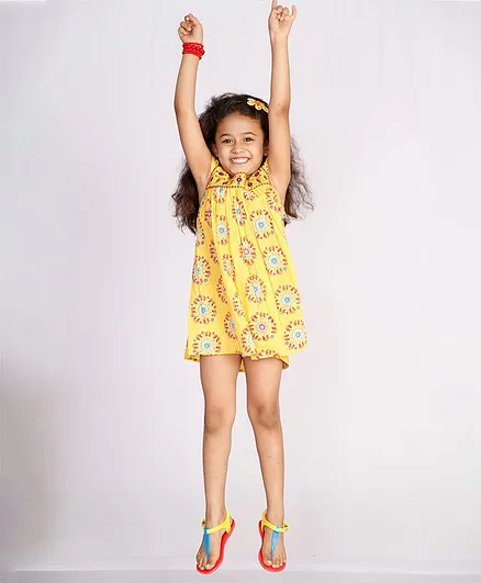 Little Pockets Store Cap Sleeves Floral Print Dress - Yellow
