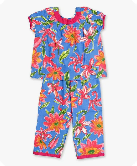 Little Pockets Store Short Sleeves Floral Print Night Suit - Blue