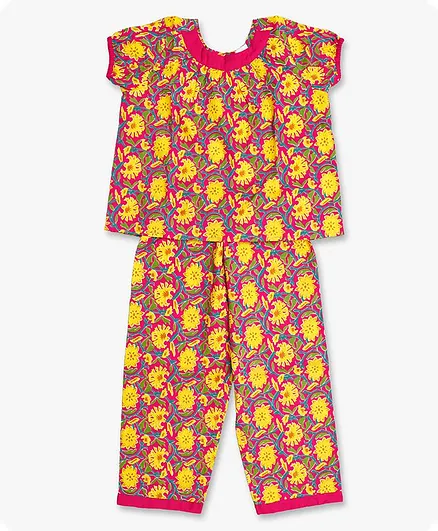 Little Pockets Store Short Sleeves Floral Print Night Suit - Yellow