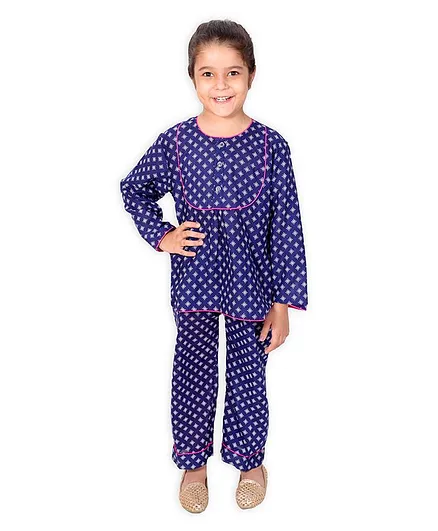 Little Pockets Store Full Sleeves Printed Night Suit - Blue