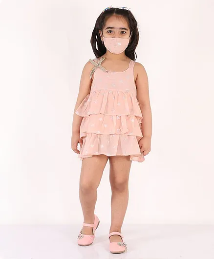 Little Pockets Store Sleeveless Stars Printed Layered Dress With Face Mask - Light Pink