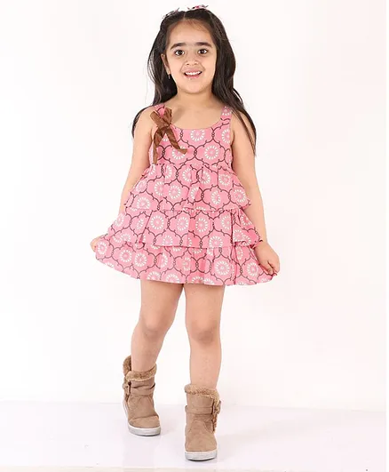 Little Pockets Store Sleeveless Flower Printed Layered Dress With Face Mask - Pink