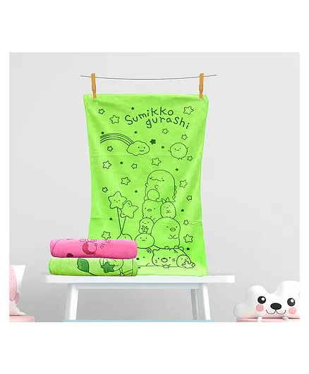 The Little Lookers Small Cotton Bath Towels Set of 2 - Green Pink ( Print May Vary )