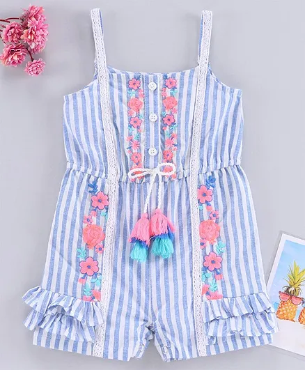 Babyoye Singlet Stripe Romper Floral Embroidery - Blue White