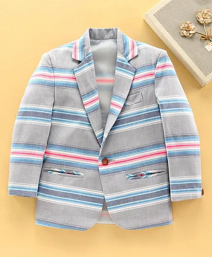 Rikidoos Full Sleeves Striped Blazer - Grey & Blue