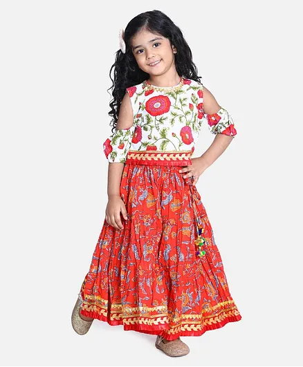 BownBee Half Sleeves Block Print Cold Shoulder Choli With Lehenga - White