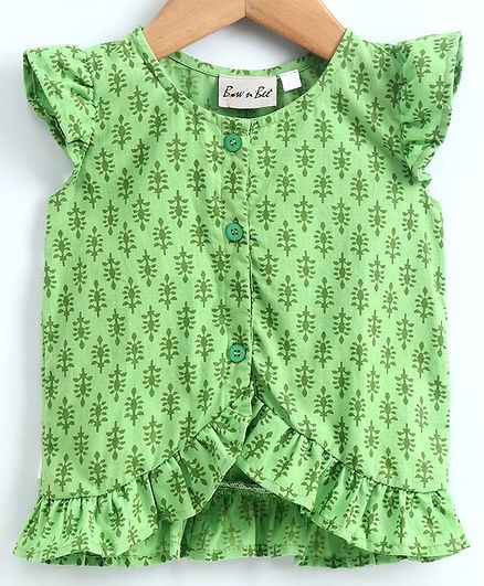 BownBee Cap Sleeves Motif Print Top - Green