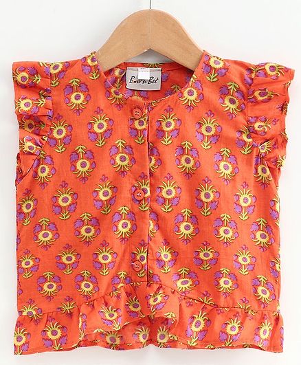 BownBee Cap Sleeves Flower Print Top - Orange