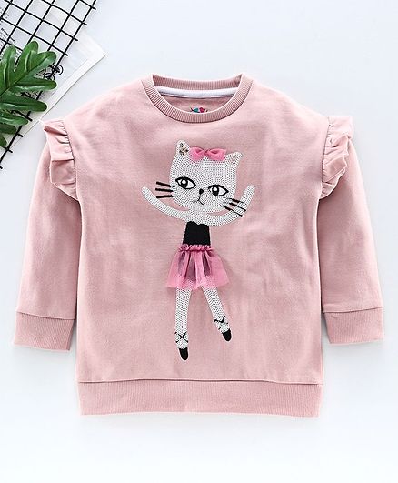 Ventra Full Sleeves Sequin Ballerina Cat Embellished Sweatshirt - Light Pink