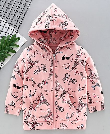Ventra Full Sleeves Eiffel Tower Printed Hoodie - Pink